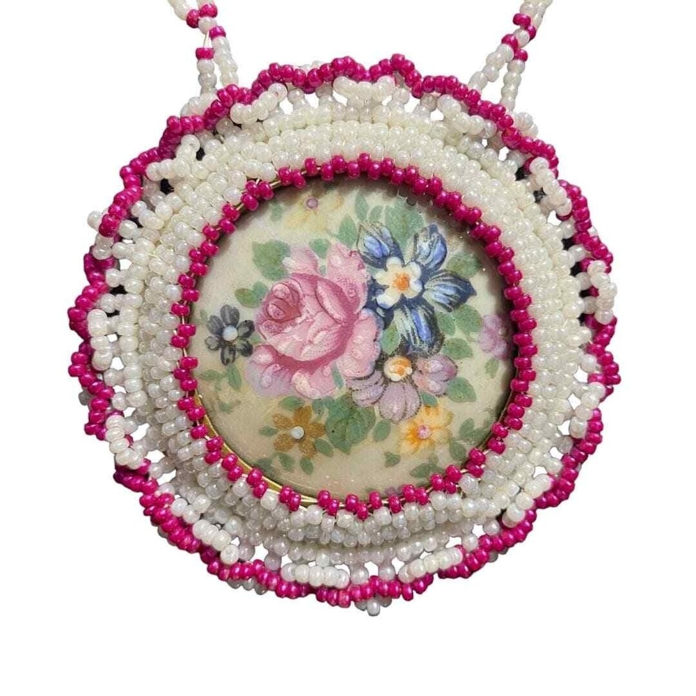handmade seed‎ bead rose medallion native american stye necklace & earrings set